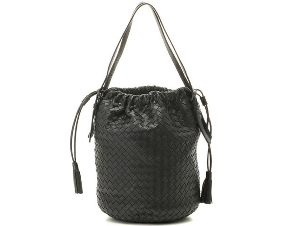 BOTTEGA VENETA Intrecciato Drawstring Handbag Black Leather